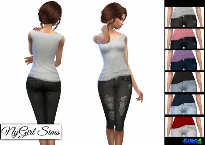 Messy Tank & Ripped Capri Jeans by Nygirlsims4, Sims 4 female clothes CC