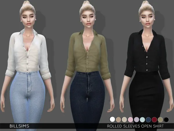 Rolled Sleeves Open Shirt by Bill Sims, Sims 4 female clothes CC