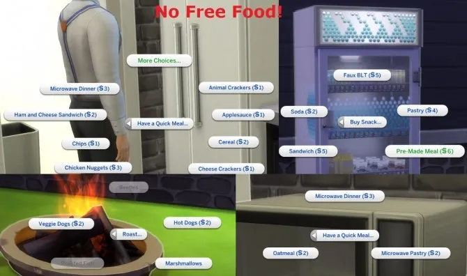 No Free Food by ChaosKitten666, Sims 4 Gameplay Tweaks mod