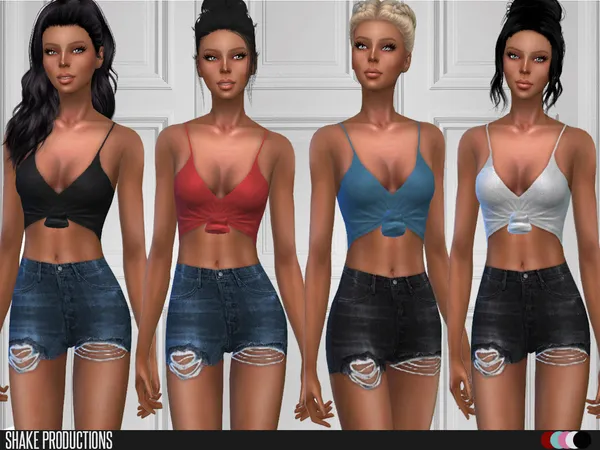 Top with details & Ripped Denim Shorts by ShakeProductions, Sims 4 female clothes CC