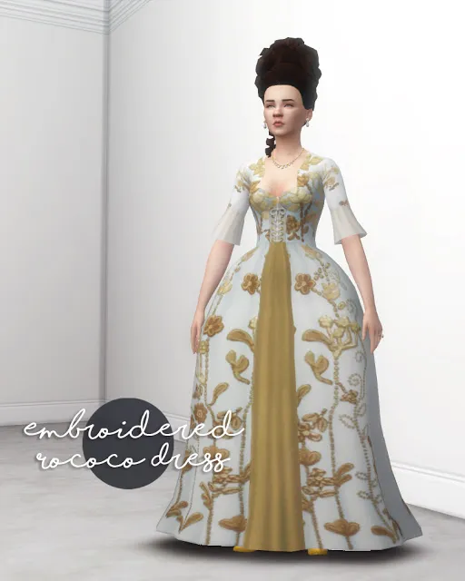 Embroided Rococo Dress by Historicalsimslife, Sims 4 female clothes CC