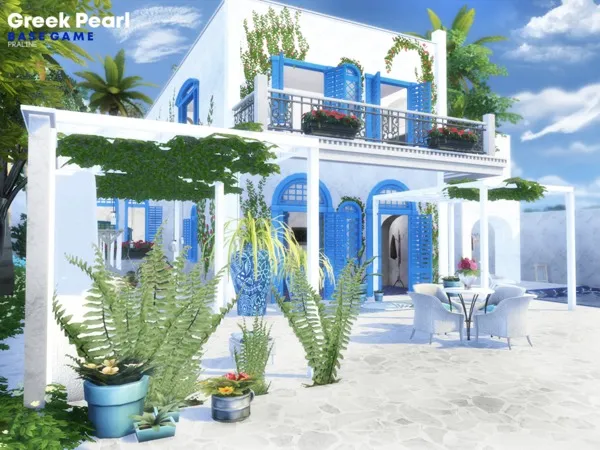 Greek Pearl house by Pralinesims, Sims 4 residential lots CC