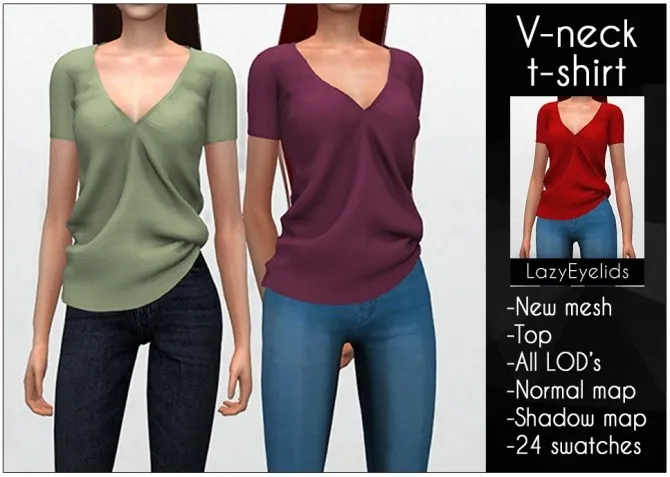 V-neck t-shirt by Lazyeyelids, Sims 4 female clothes CC