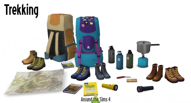 Trekking set + K-way windbreaker & backpack by Aroundthesims3, Sims 4 decor CC