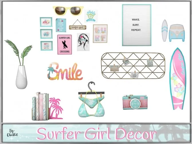 Surfer Girl Decorations by Chicklet, Sims 4 decor CC