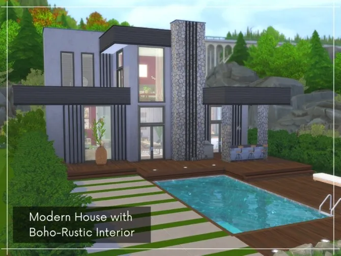 Modern Home with Boho-Rustic Interior by A.lenna, Sims 4 residential lots CC
