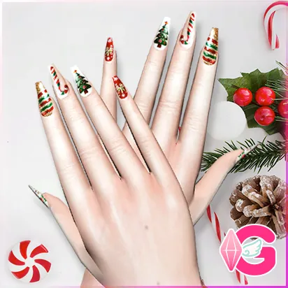 Christmas glitter coffin nails N02 by GabymeloveSims, Sims 4 jewelry CC
