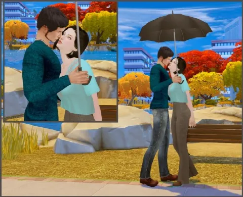 With umbrella couple poses