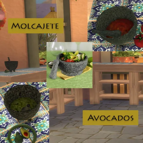 Molcajete (mortar + pestle) and avocados