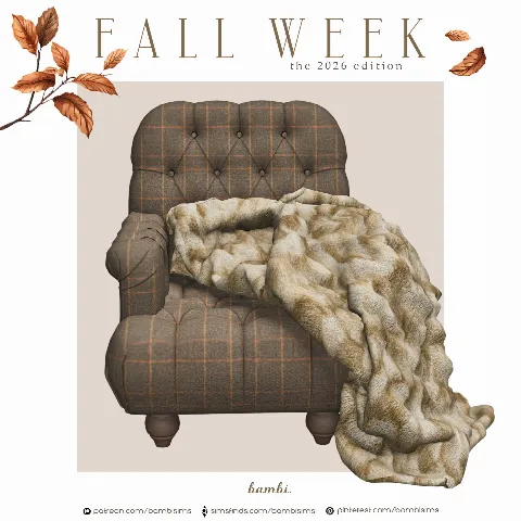 Fall Week Tufted Chair & Faux Fur Blanket by bambisims, Sims 4 living room CC – image 3